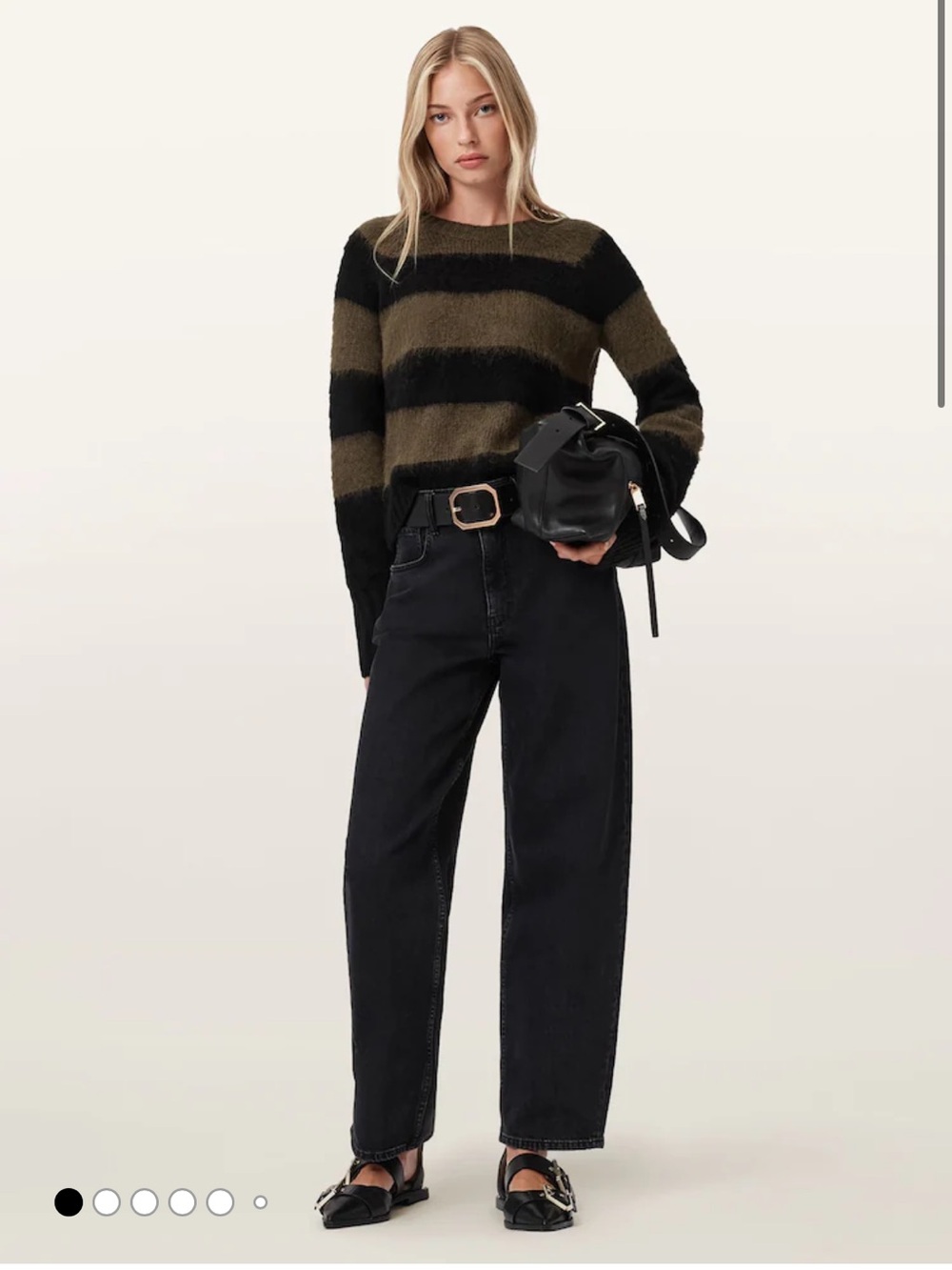 NWT ALLSAINTS Lou Jumper Striped Fuzzy Sweater in Olive & Black |S